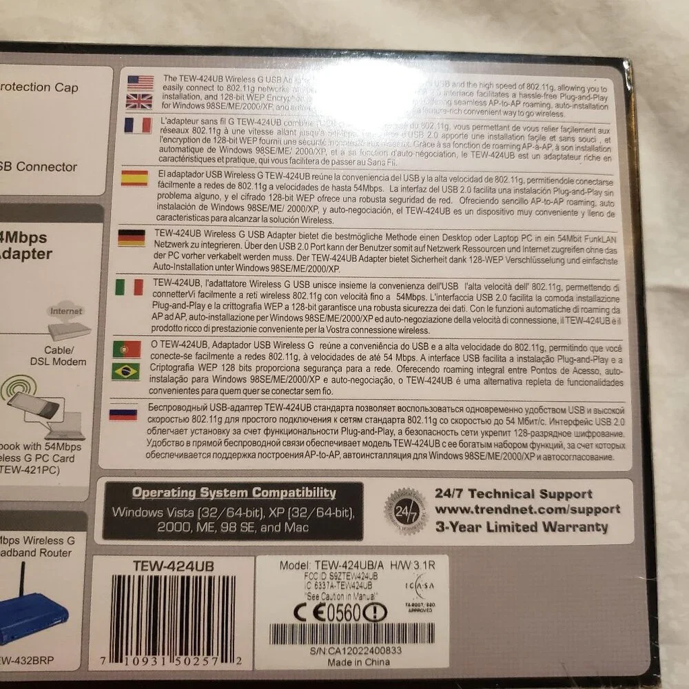TRENDNet 54Mbps Wireless G USB Adapter TEW-424UB (Version 3.1R)